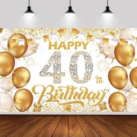 6x3.6ft Happy 40th Birthday Backdrop Banner,White And Gold Birthday Backdrop Sign, Happy Birthday Party Supplies Photo Background for Children Men Women.