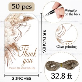 Thank You for Celebrating with Us Tag, 50 Pcs Boho Thank You Paper Lables, 2x3 Inch Gift Tags with String for Wedding Birthday Baby Shower Bridal Shower, Party Decoration-A05