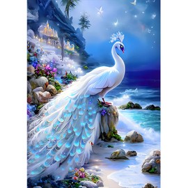 SENQAO Peacock Diamond Painting Kits for Adults, White Peacock in Beach Diamond Painting, DIY 5D Diamond Painting Fantasy Castle Diamond Art Kits Picture for Home Wall Decor 30x40cm