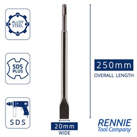 Rennie Tools SDS Plus Chisel Bit 20mm Wide x 250mm Long for Use On Bricks, Concrete, Masonry, Mortar, Marble and Hard Stone. for SDS & SDS Plus Drills. Flat SDS Chisel Bit