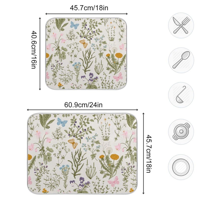Herbs Flowers Botanical Butterfly Dish Drying Mat for Kitchen Counter