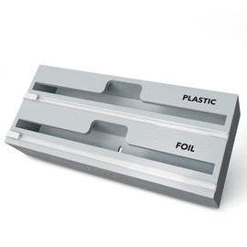 SpaceAid WrapNeat 2 in 1 Wrap Organizer with Cutter and Labels, Plastic Wrap, Aluminum Foil and Wax Bamboo Dispenser for Kitchen Storage Organization Holder for 12" Roll (Gray)