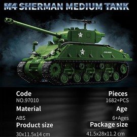 kowkis M4 Sherman Medium Tank Building Block, WW2 Military American Armed Tanks Building Block Set for Military Fans - 1682 Pieces with 4 Soldier Figures,Panzer Toys Gifts for Kid and Adult.