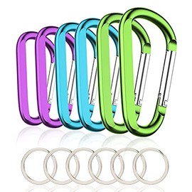 6PCS Carabiner Caribeaner Clip,3" Large Aluminum D Ring Shape Carabeaner with 6PCS Keyring Keychain Hook (2 Blue+2 Purple+2 Green)