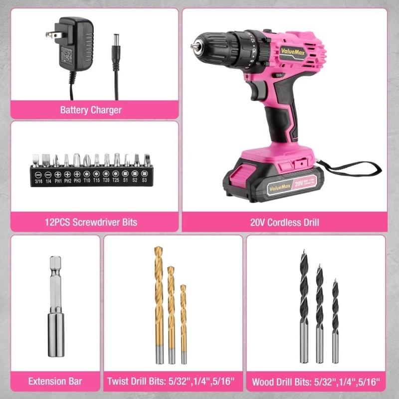 ValueMax Cordless Drill Driver Set 18+1 Torque Settings Magnetic w/Keyless