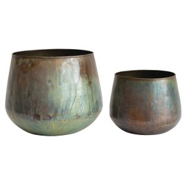 Bloomingville Various Round Metal Planters with Oxidized Finish, Green, Set of 2