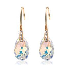 Austrian Crystal Teardrop Dangle Earrings for Women Drop Hook Earring 14K Rose Gold Plated Hypoallergenic Jewelry (Aurora Borealis)