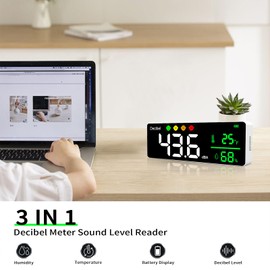Decibel Meter 3 in 1 Wall Hanging Sound Level Meter Large LED Noise Meter Displays Decibel & Temperature & Humidity with Alarm Icons Indicator for Classroom,Home, Studio, Factory