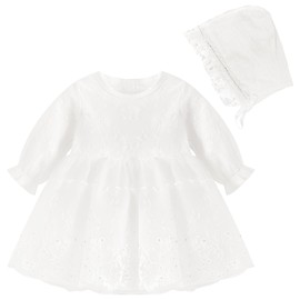 Newborn Baby Girl Christening Dress White Baptism Lace Long Sleeve Fall Wedding Dresses with Bonnet Outfit for Infant Girls 6-12 Months