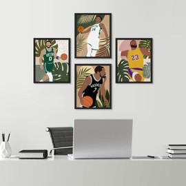 SIGNWIN Framed Basketball Player Jungle Leaves Wall Art, Set of 4 Mid-Century, Male Portrait Wall Decor Prints, Nature Wilderness Wall Décor for Living Room, Bedroom - 8"x10" Black