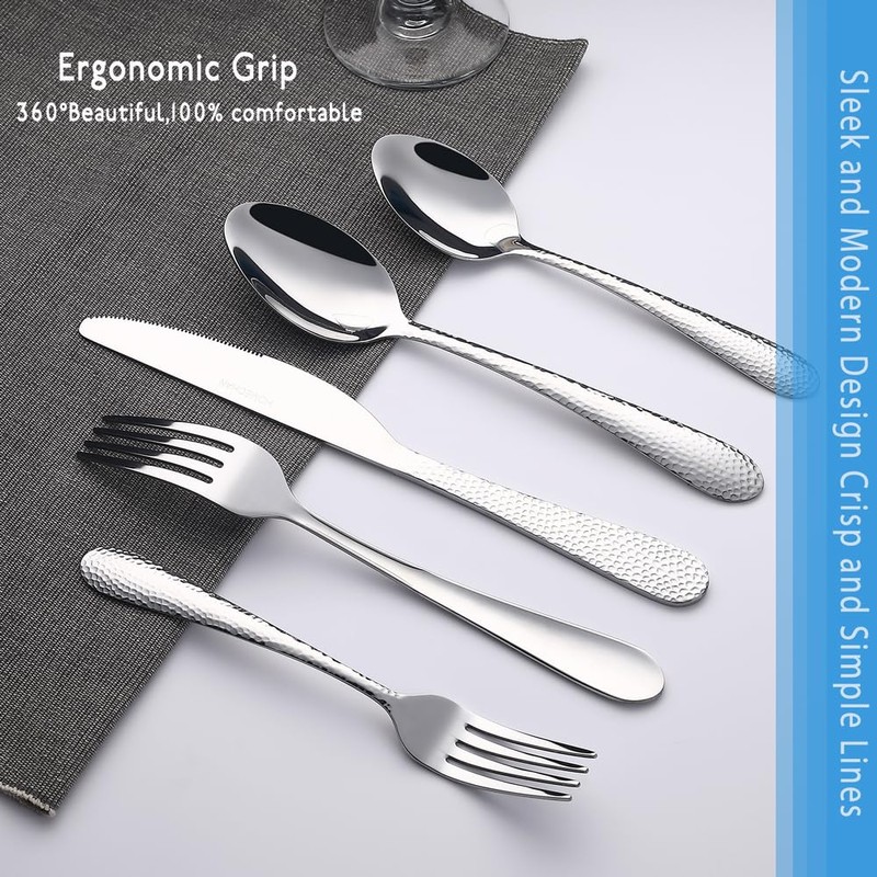 HOMECHEN 20-Piece Hammered Stainless Steel Flatware Set - Food-Grade Silverware