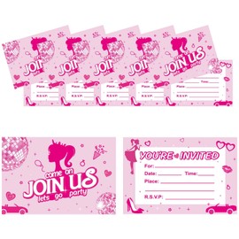 20 Pcs Pink Girl Theme Birthday Invitation Cards, Let's Go Party Pink Doll Birthday Party Supplies, BIrthday Invitations for Girls.