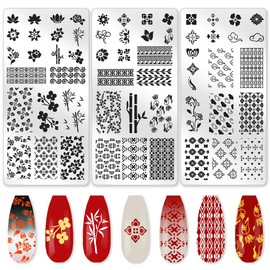beinkmake 3Pcs Traditional Chinese Style Nail Stamping Plate Set Bamboo Floral Steel Nail Stamp Templates Clear Silicone Nails Stamping with Stamper Scraper for Manicure Printing