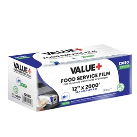 VALUE + Foodservice Clear Plastic Wrap Film (12 in x 2000 ft), Cling Film with Slide Cutter, Food Wrap Roll, Commercial Grade, Great for Sealing & Storage, Ideal for Home Use & Food Service Industry
