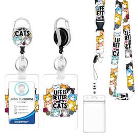 Fashionable ID Badge Holder Lanyard Set - Retractable Badge Reel with Carabiner Clip & Detachable Strap, Vertical Card Protector for Teacher, Doctor, Nurse & Student(10 Cats)