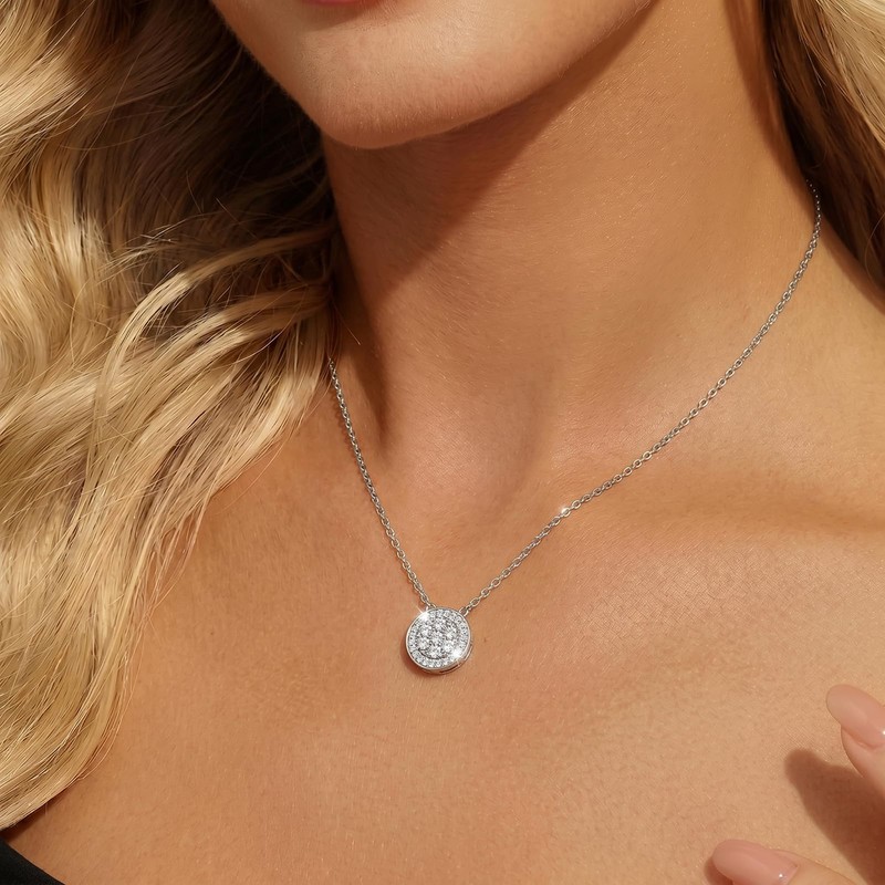 SAVORI 925 Sterling Silver Round Pave Cubic Zirconia Pendant Necklace,
