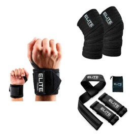 Paquete Vendas para Rodilla con Muñequeras y Straps para Gym Elite Fitness VSM Color Negro