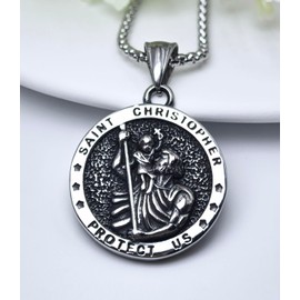 Wasee St Christopher Necklace for Men Saint Christopher Medal Protect Us St. Christopher Pendant Amulet Religious Jewelry Gifts with 22"+2" Rolo Chain