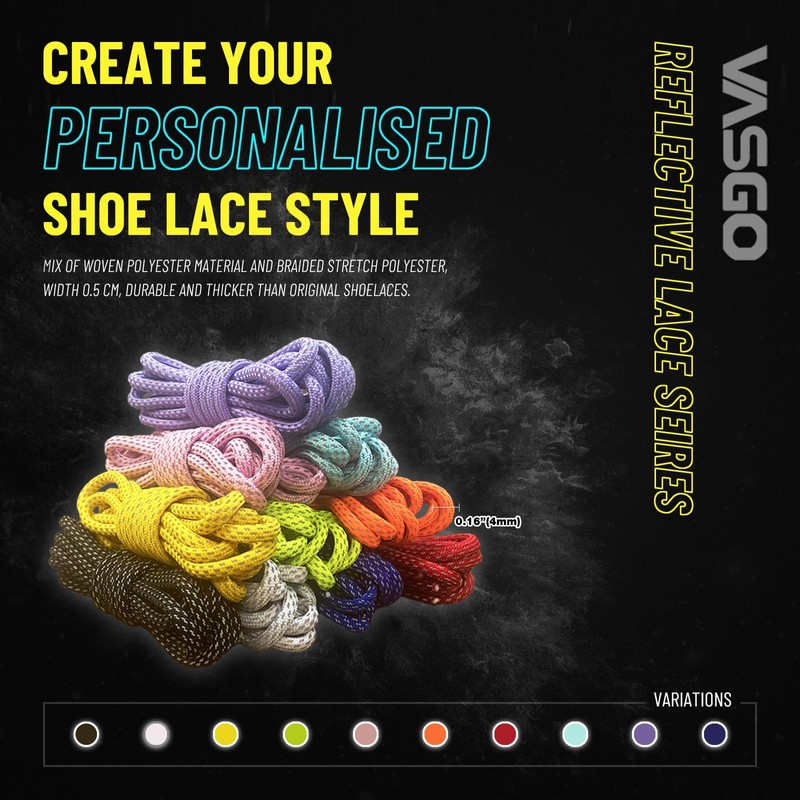 VASGO Round Shoe Laces Reflective 9 Different Lengths Thick 10
