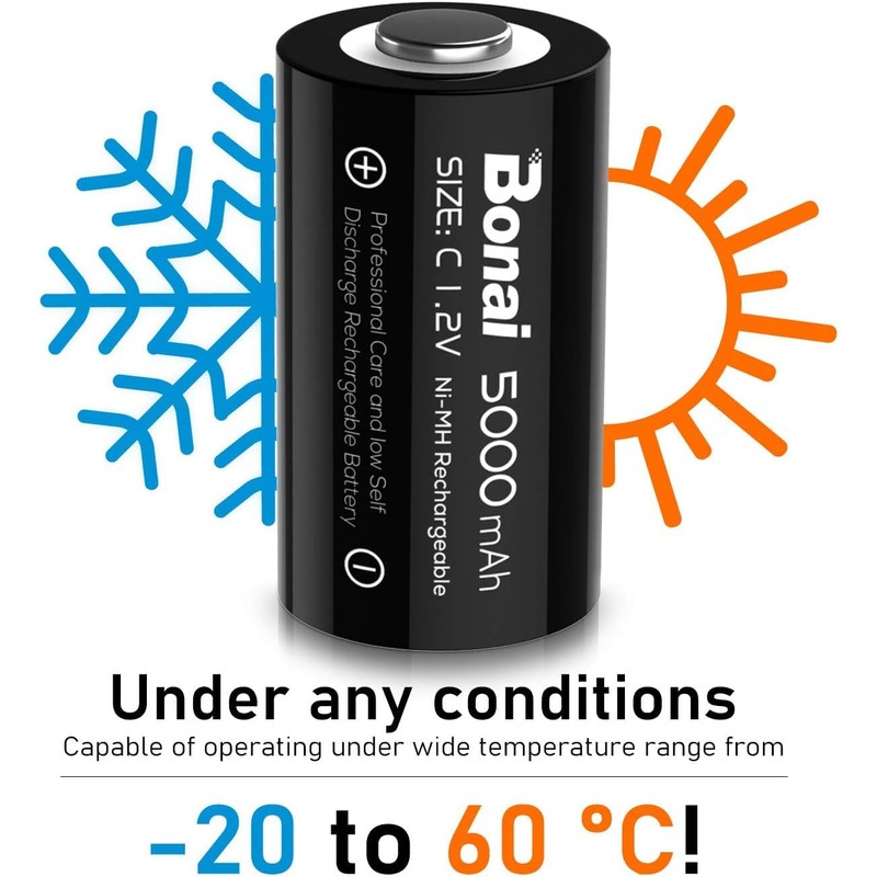 BONAI Rechargeable C Batteries, C Cells 5000mAh 1.2V Ni-MH High