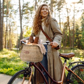 GRANNY SAYS Bike Basket Front, Natural Rattan Wicker Bike Baskets, Bicycle Basket with Cup Holder, Handmade Bike Baskets for Organizing, Storage Basket for Beach Cruisers, Ebikes