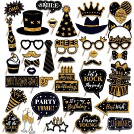 36 Pcs Funny Photo Booth Props Party Decorations Photo Props for Adults for Birthday Weddings Graduation Parties Supplies Prom Disco Mardi Gras Parties Supplies, Black & Gold Photobooth Party Props