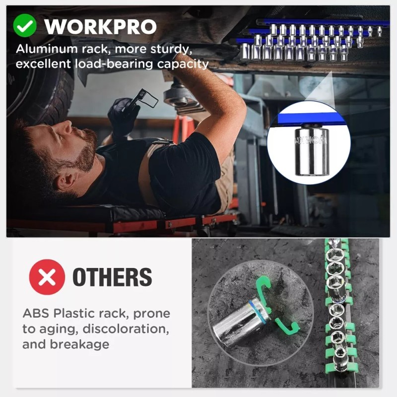 WORKPRO Magnetic Socket Organizer Sets 6-Piece Aluminum Alloy Socket Rail