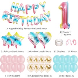 Rainbow 1st Birthday Party Decorations, Happy Birthday Banner, Confetti & Latex Balloons, Number 1 Balloons, Birthday Supplies for Boys & Girls