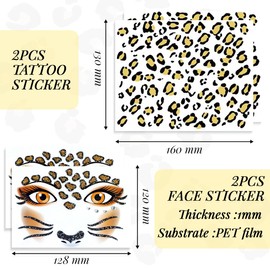 FENQURO 4 Pcs Face Sticker, leoparden tattoo gesicht, Tattoo, Leopard, Gesichts-Tattoo Glitzer Leopard, Gesichtstattoo Leopard, Temporäre Tattoo Aufkleber Gepard, Leopard Tattoo Gesicht