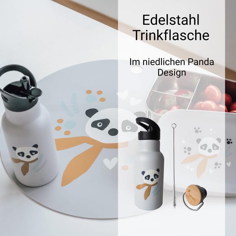 kikadu Panda Water Bottle Silver Grey - Children's Tableware, BPA-Free,