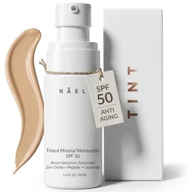 NAELI Crema Hidratante Tintada Anti Envejecimiento Spf 50, Protector Solar Mineral Para Rostro Con Óxido De Zinc, Péptidos Y Ceramidas, Tinte Universa
