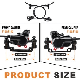 LuckySlycyc Hydraulic Brakes, MTB Disc Brakes - Complete Bicycle 4 Piston Hydraulic Brakes for Mountain Bike, E-Bike, Road Bike，Left (Front) Hose is 80cm, and the Right (Rear) Hose is 150cm