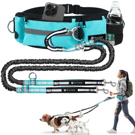 Waist Leash for Double Dog Walking 2 Small, Medium and Large Dogs; Shock-Absorbing, No Pull, No Tangle, Heavy Duty, Hands-Free Double Bungee 2 Dog Leash; Hiking, Walking, Running Gear with Accessories