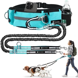 Waist Leash for Double Dog Walking 2 Small, Medium and Large Dogs; Shock-Absorbing, No Pull, No Tangle, Heavy Duty, Hands-Free Double Bungee 2 Dog Leash; Hiking, Walking, Running Gear with Accessories