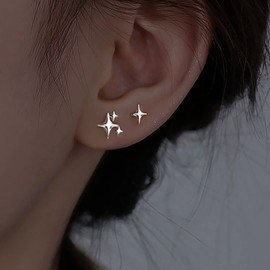 TseenYi Star Studs Earrings Silver Star Earrings Tiny Starburst Earrings Double North Star Earrings Minimalist Star Mini Earrings Jewelry for Women and Girls Gifts