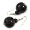 Black Wood Bead Drop Earrings - 50mm Long