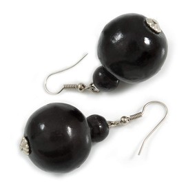 Black Wood Bead Drop Earrings - 50mm Long