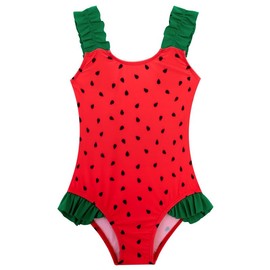 XiaoMoSha Girls Swimming Costume with Ruffle Straps Cute Stretchy Beach Swimwear Quick Dry Bathing Suit for Kids, RedWatermelon, 6-7 Years