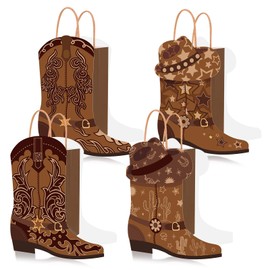 Nlicrst 16 Pcs Cowboy Boots Paper Goodie Bags Western Theme Party Favors Bags Wild West Boys Kraft Bag Bachelorette Theme Birthday Treat Bags for 80s 90s Bulk Last Rodeo Party Supplies(Brown)