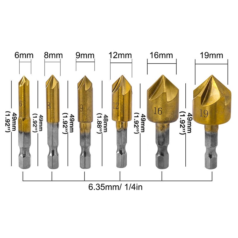 Bestgle 6Pcs 1/4" Countersink Drill Bit Set 5 Flute 82