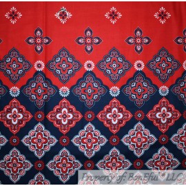 Signature BonEful FABRIC FQ Cotton Quilt Red Blue White Border Print Bandana Flower Garden