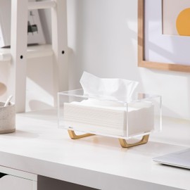 HBlife Clear Tissue Box Cover Rectangle Acrylic Tissue Box Holder with Gold Plated Legs Napkin Dispenser Dryer Sheet Container for Bathroom