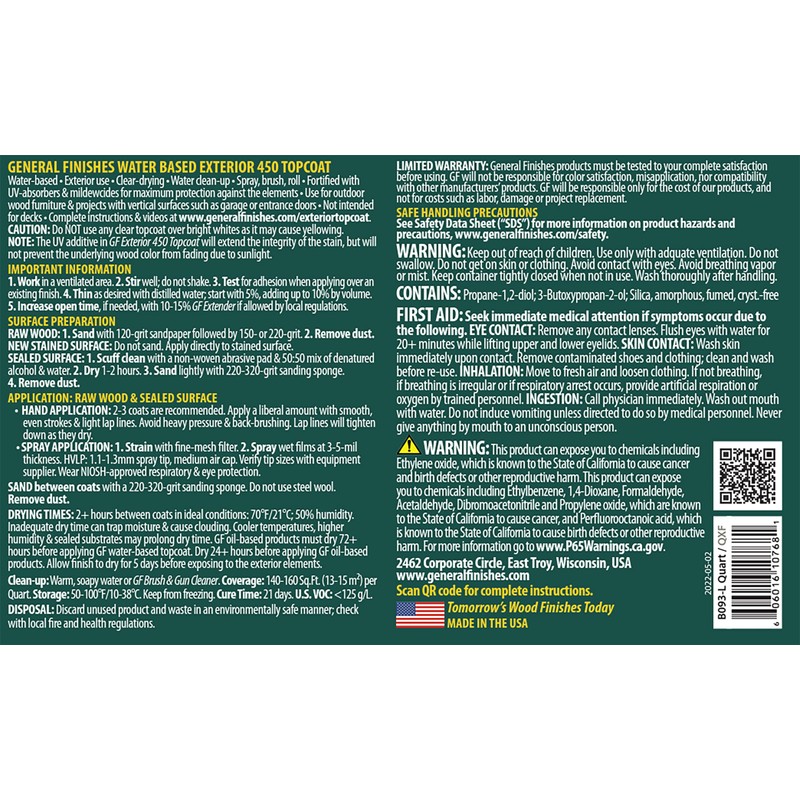 General Finishes Exterior 450 Water Based Topcoat, 1 Quart, Flat