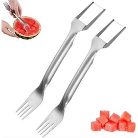 Jawzar 2-in-1 Watermelon Fork Slicer Cutter, New Summer Stainless Steel Watermelon Fruit Cutting Fork, Dual Head Watermelon Cutter Slicer Fruit Forks for Home Party Camping Kitchen Gadget (Pack of 2)