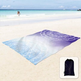 Sunlit Silky Soft Beach Blanket Sand Proof Mat with Corner Pockets 270x205cm Mesh Bag, Beach Party, Travel, Camping and Outdoor Music Festival, Mandala Medallion Design Blue Purple (BM001)