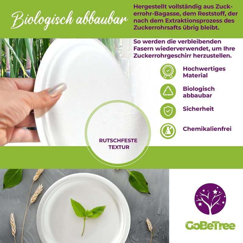 GoBeTree 50 x 18cm Round Sugarcane Disposable Plates Ecological, Biodegradable