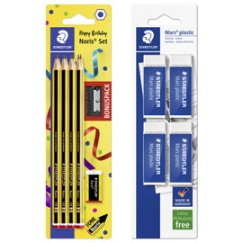STAEDTLER 120 SBK8P1 Noris Graphite Pencil - HB Degree - Pack of 8 Pencils + Sharpener + Eraser + 4 Mars Plastic 526 50 Erasers