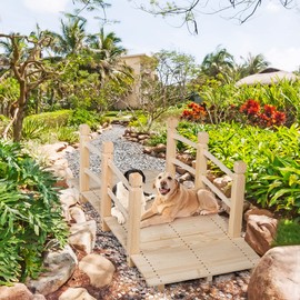 LDAILY Moccha 5FT Wood Garden Bridge, Pond Bridge with Guardrails for Outdoors Backyard, Garden Backyard Decor Wishing Well, Small Bridge (Wood)