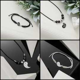 Hicarer Yin Yang Friend Couple Necklace and Bracelet Set, 2 Pieces Matching Yin Yang Dragon Pendant Necklace 2 Pieces Yin Yang Adjustable Cord Bracelet for BFF Boyfriend Girlfriend Birthday Gifts