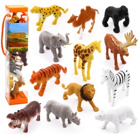 Fun Gift 12 pcs Jungle Zoo Animal Figures -Educational Learning Playset,Realistic Toy Set Include Lion, Tiger, Giraffe,Wild Plastic Animals Figures,Gifts for Kids 3+ Years Boys Girl